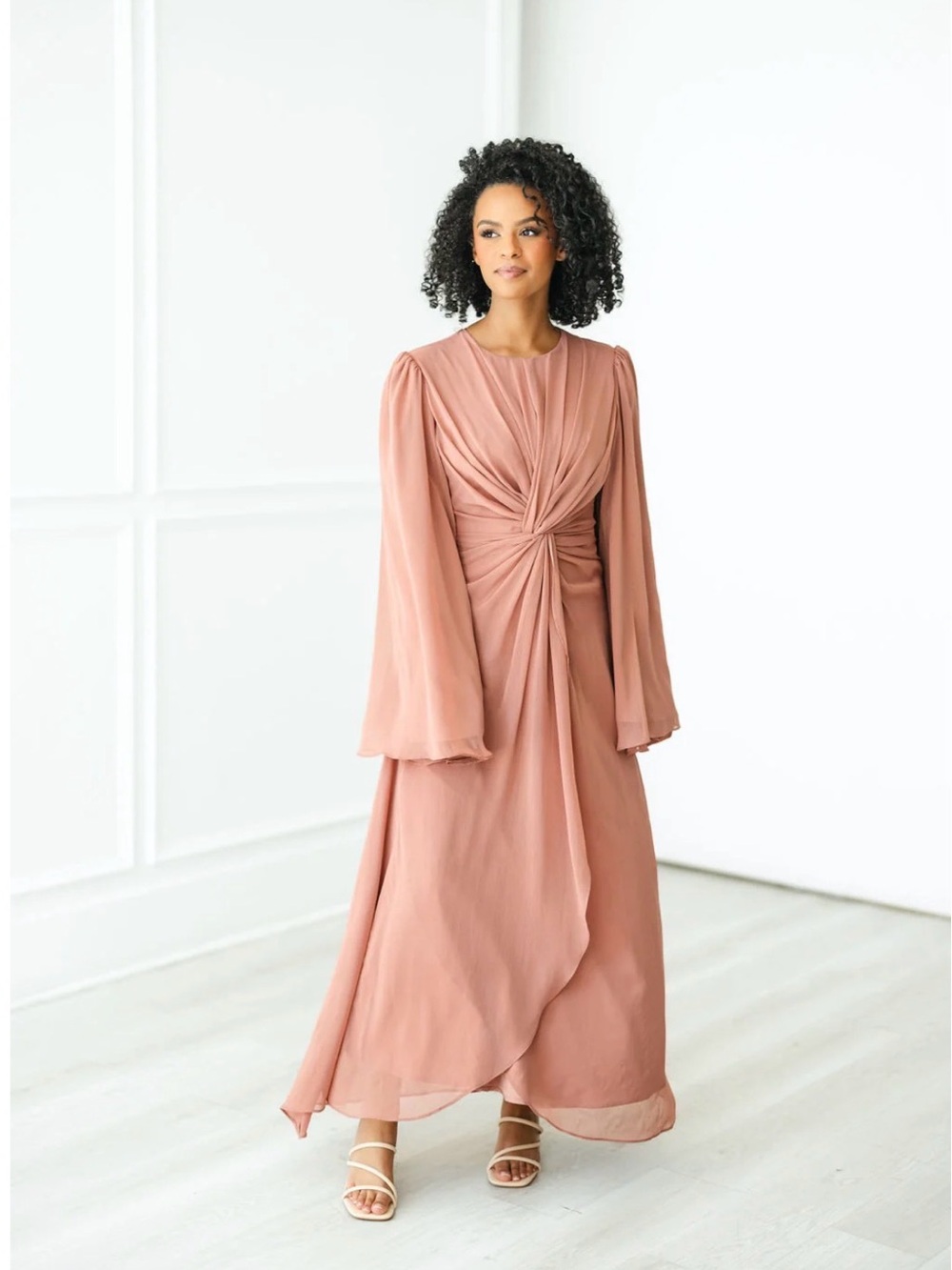Elegant Rust-Pink Long Sleeve Twist Front Maxi Dress